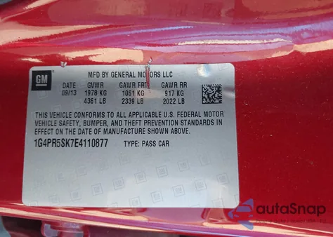 2014 Buick Verano Convenience Group из США, поврежденный, VIN 1G4PR5SK7E4110877